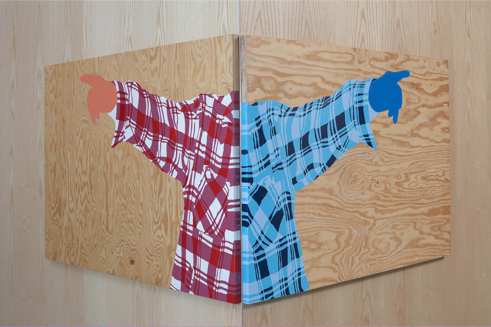 Two painting of a single shirt on woodenpanel on each side of a corner, facing eachother, thus comprising one single painting and one single shirt. Robert Lucander, paintings.