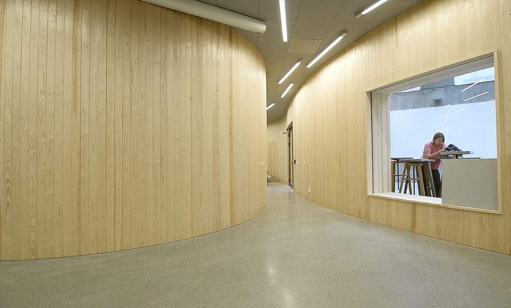 An empty corridor. The walls are made of a wooden panel, and in the ceiling there are fluorescent lamps, Through the glass window we see a student.