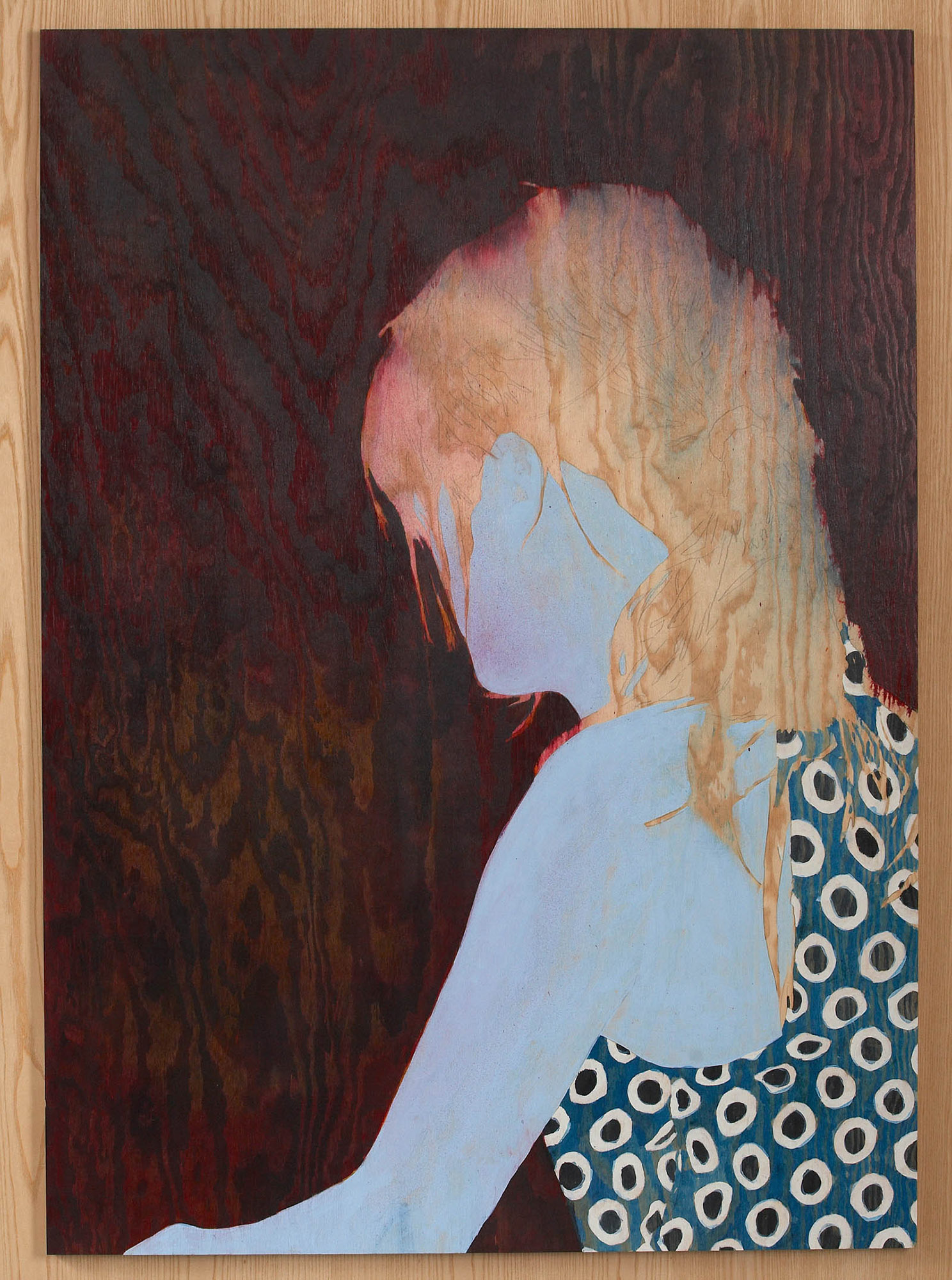 Painting of woman, turned away. She has blond hair and a spotted dress. Robert Lucander, 13 paintings.