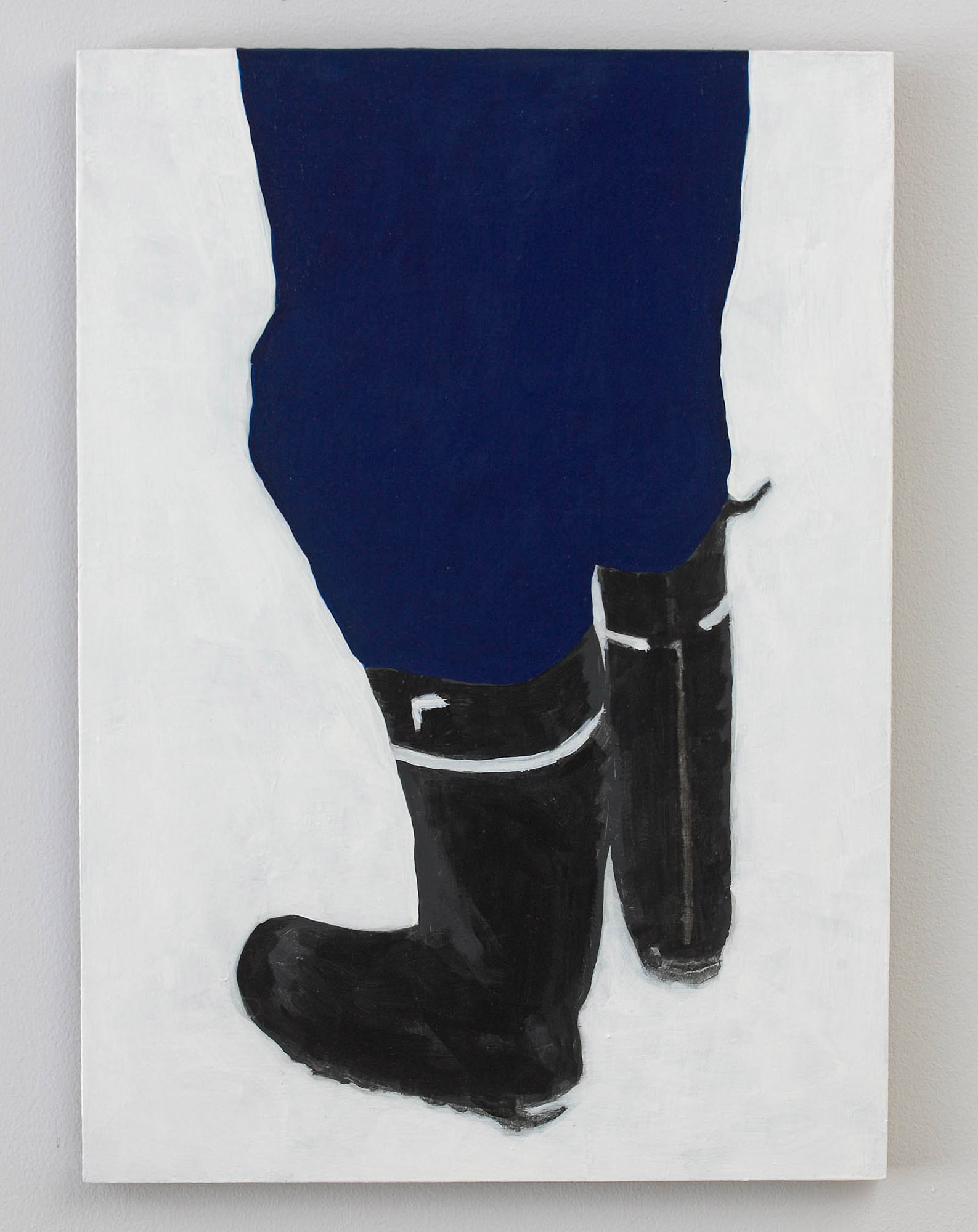 Painting on person with blue trousers and black boots, on a white background.