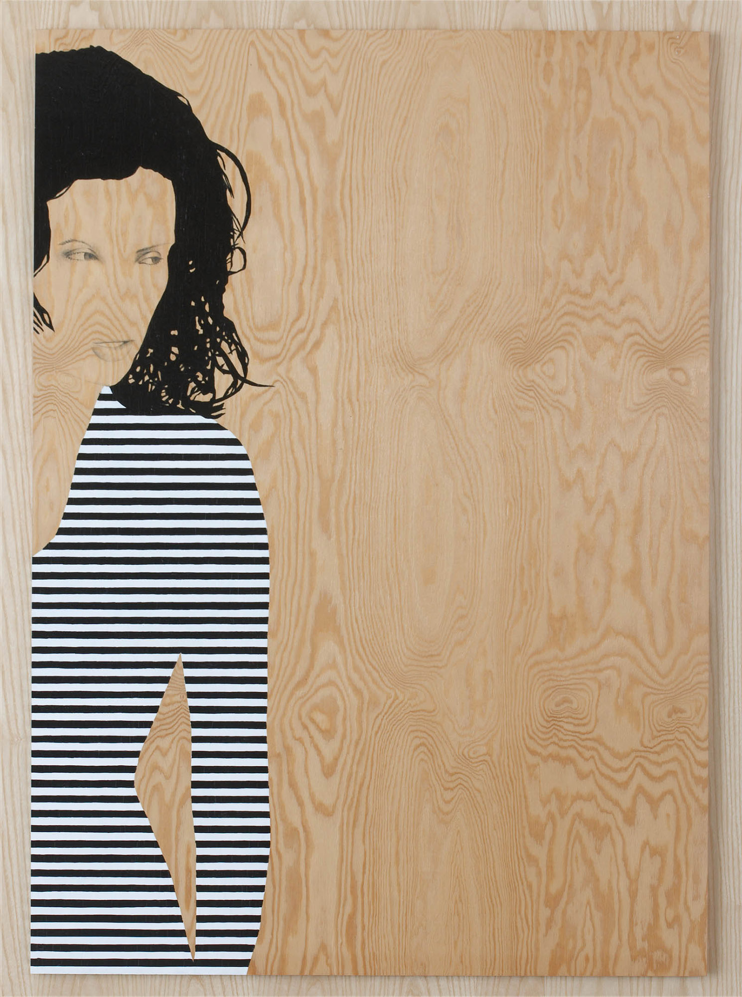Painting on wood of woman in striped sweater, looking away. Robert Lucander, 13 paintings.