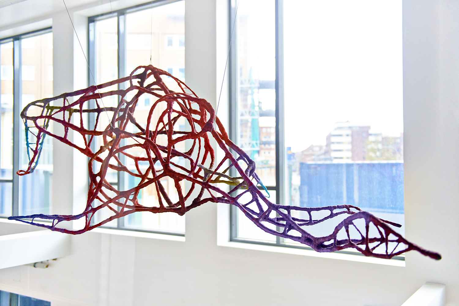 A sculpture of wires in red, purple and pink silk, Is it a fish?