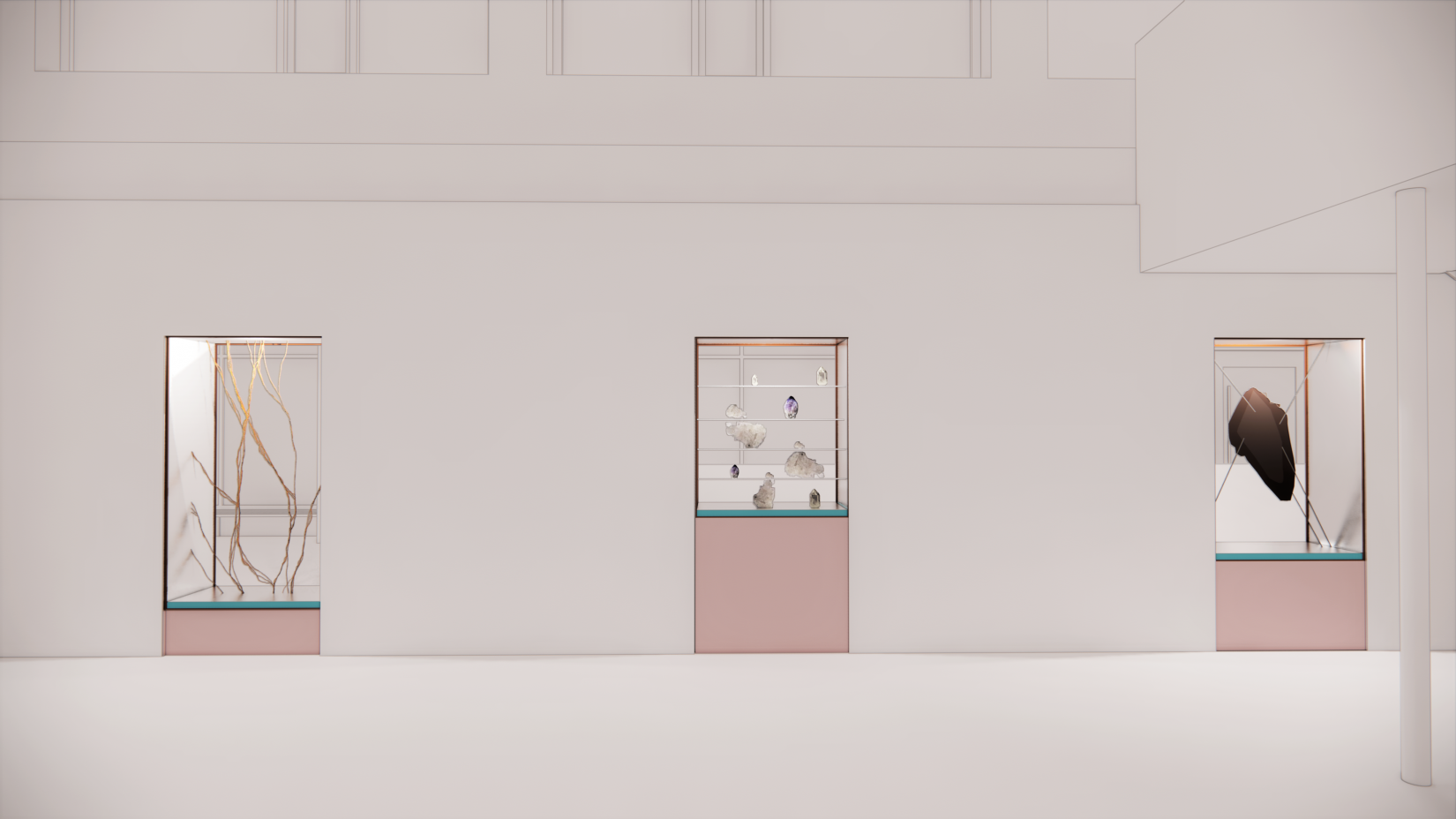 Three cabinets integrated into the wall.