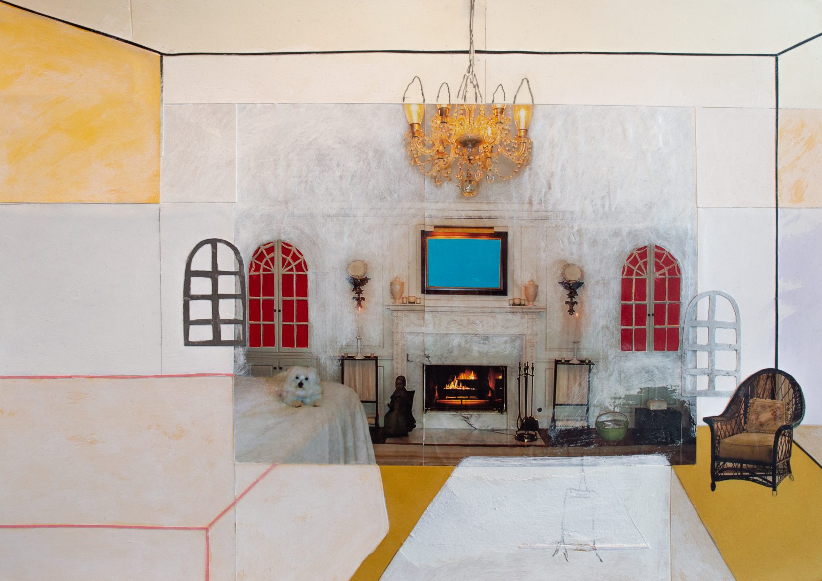 Ett vardagsrum med hund och öppen spis i tjusig stil