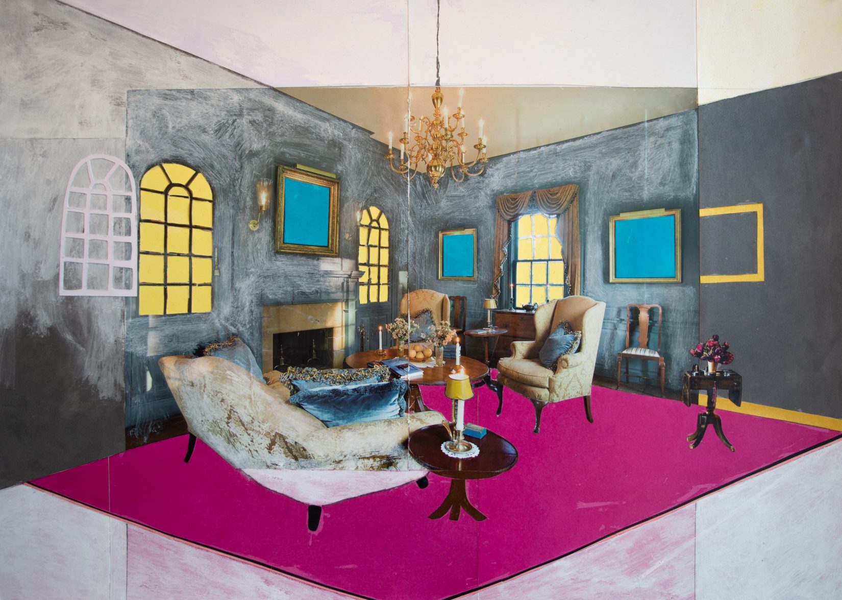 Ett vardagsrum med öppen spis i tjusig stil